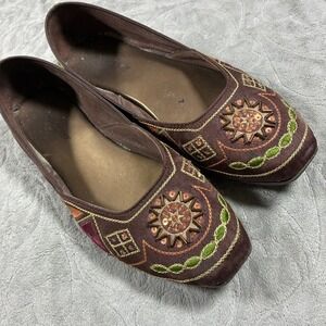 Vintage Y2K 90s Sequin Embroidered Boho Flats 8 Brown Satin Indie Hippie 90s